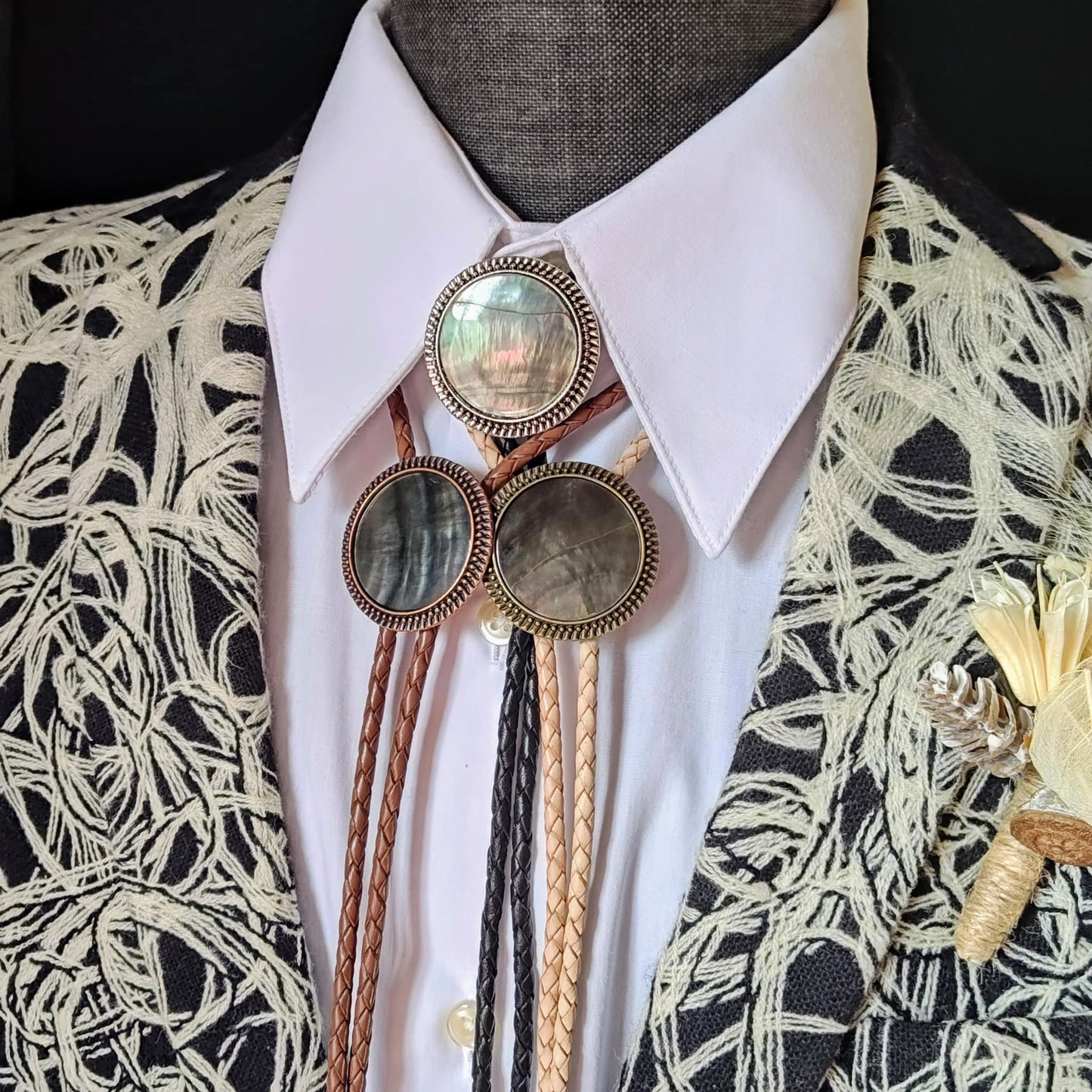 Bolo Tie with Black Mother Of Pearl in Round Up Gold, Silver or Copper Setting - Folks On The Edge