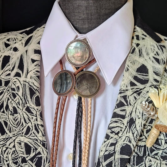 Bolo Tie with Black Mother Of Pearl in Round Up Gold, Silver or Copper Setting - Folks On The Edge
