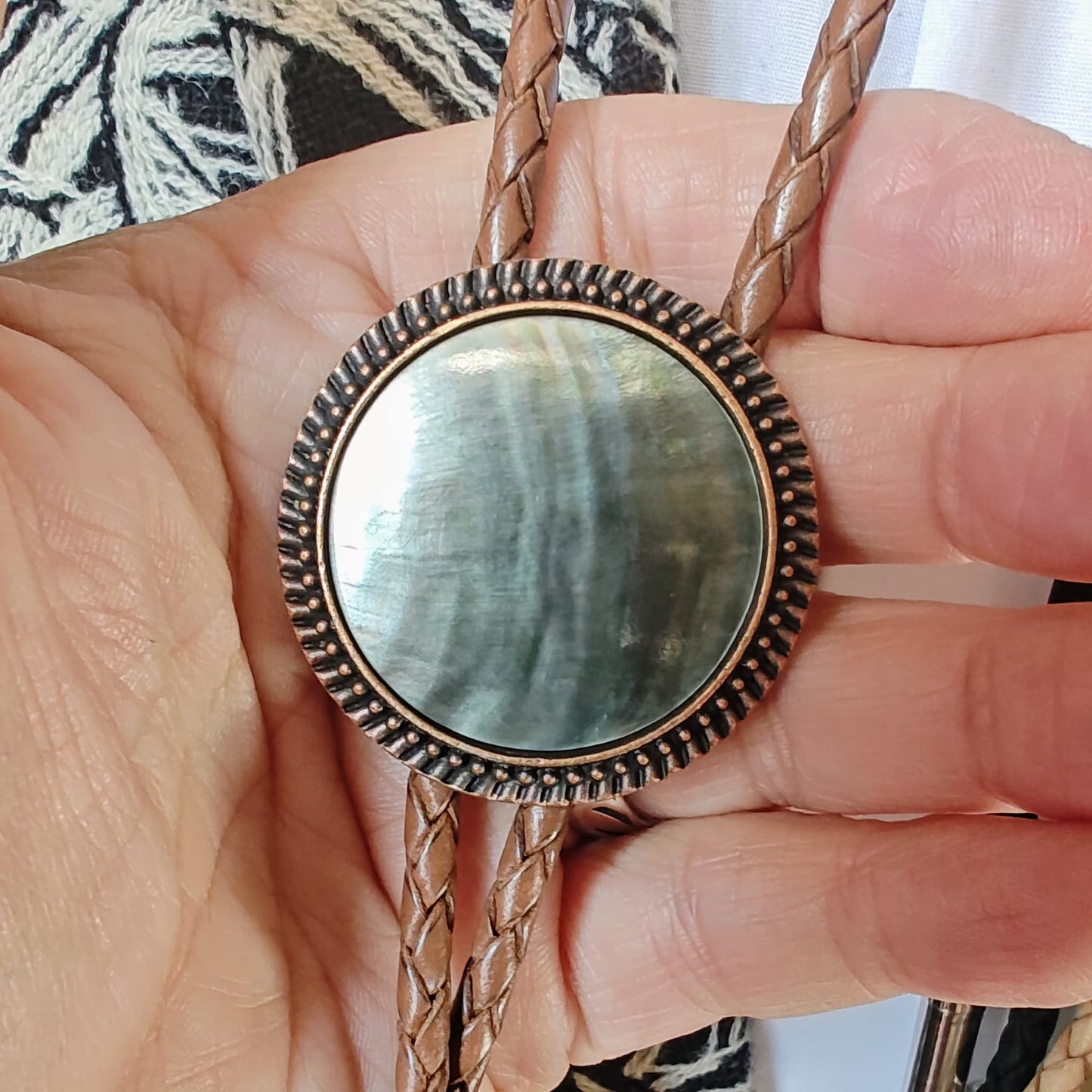Bolo Tie with Black Mother Of Pearl in Round Up Gold, Silver or Copper Setting - Folks On The Edge
