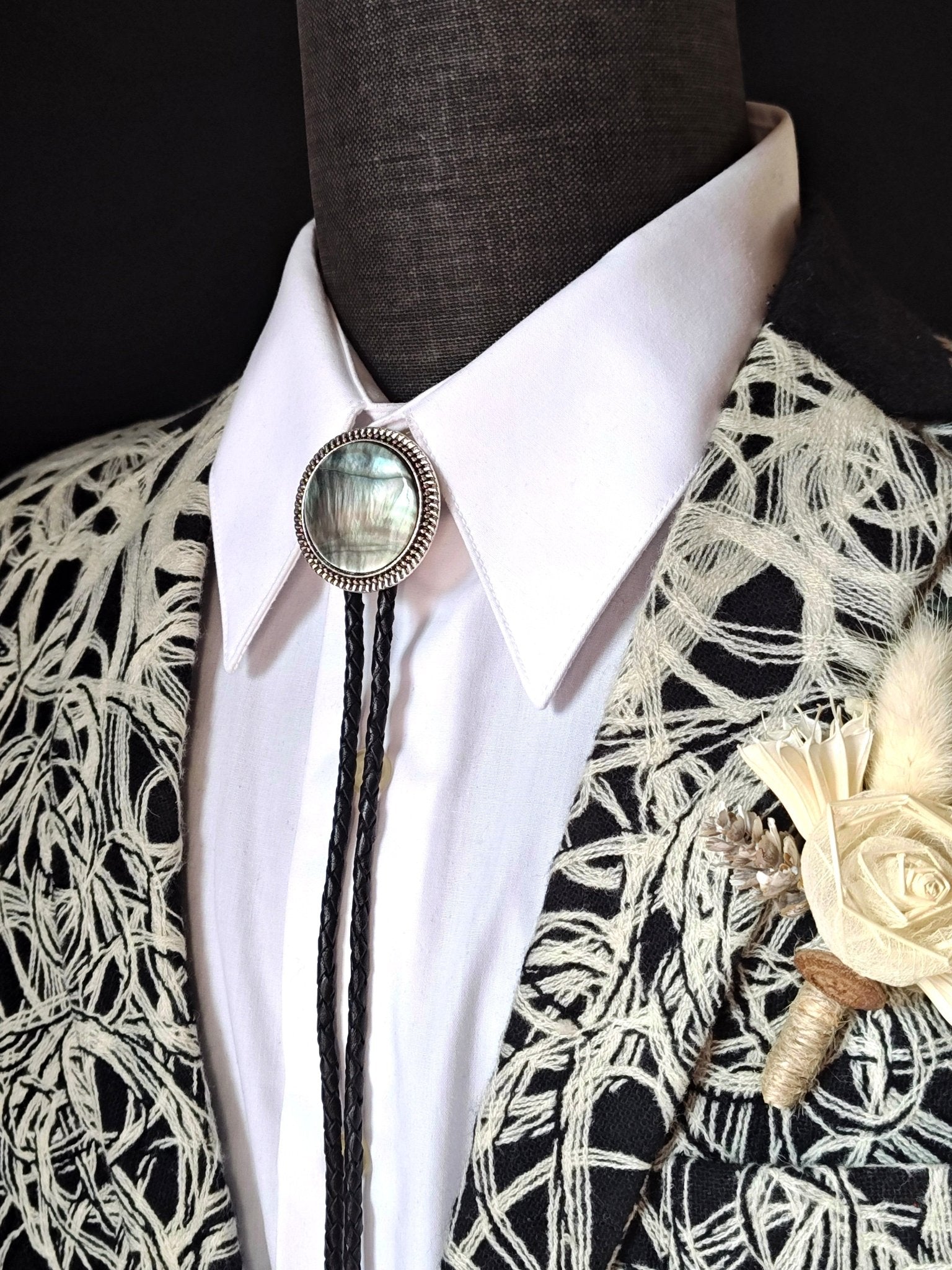 Bolo Tie with Black Mother Of Pearl in Round Up Gold, Silver or Copper Setting - Folks On The Edge