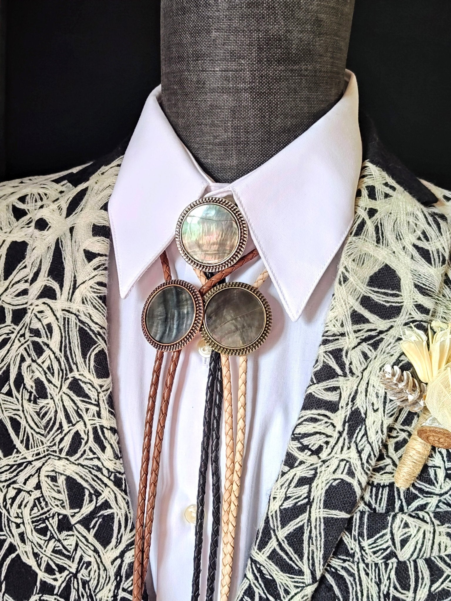 Bolo Tie with Black Mother Of Pearl in Round Up Gold, Silver or Copper Setting - Folks On The Edge