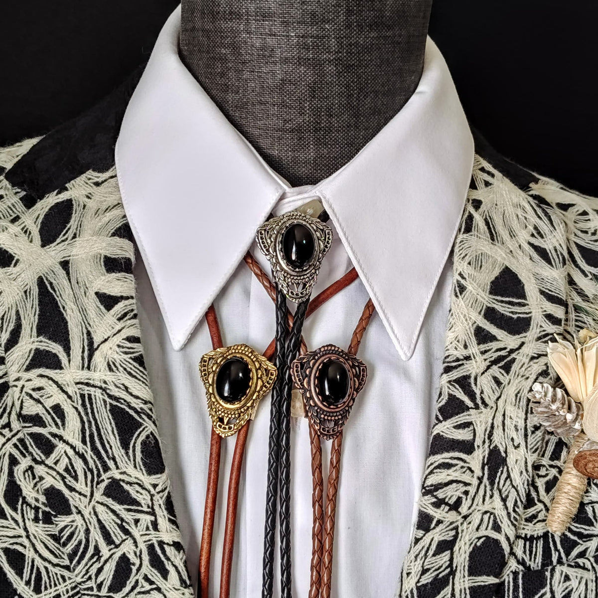 Bolo Tie with Black Onyx in Muldoon Gold, Silver or Copper - Folks On The Edge