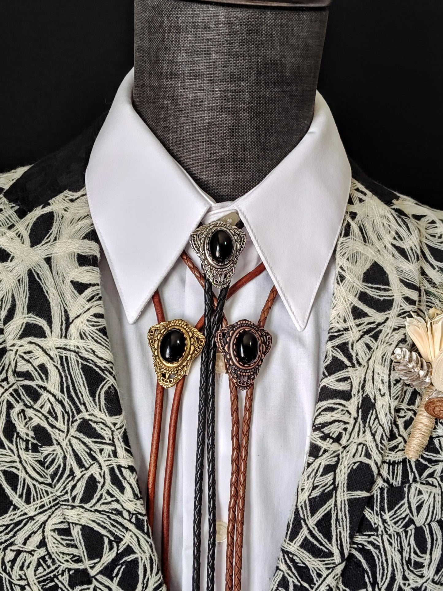 Bolo Tie with Black Onyx in Muldoon Gold, Silver or Copper - Folks On The Edge
