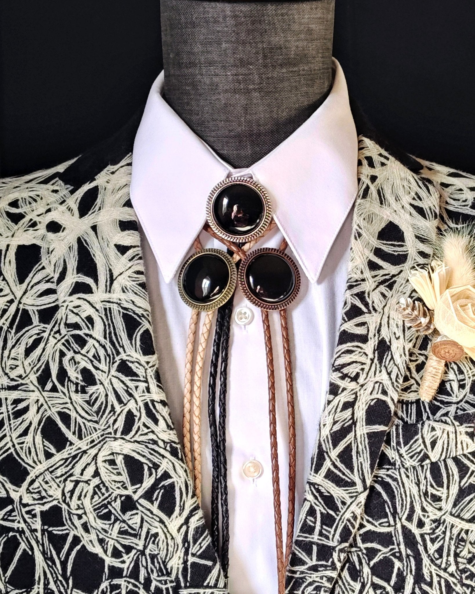 Bolo Tie with Black Onyx in Round Up Gold, Silver or Copper Setting - Folks On The Edge