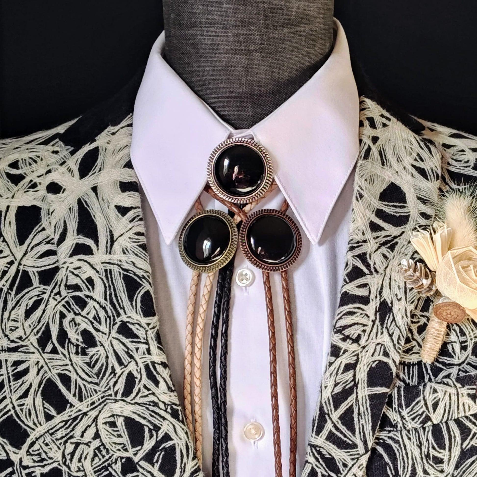 Bolo Tie with Black Onyx in Round Up Gold, Silver or Copper Setting - Folks On The Edge