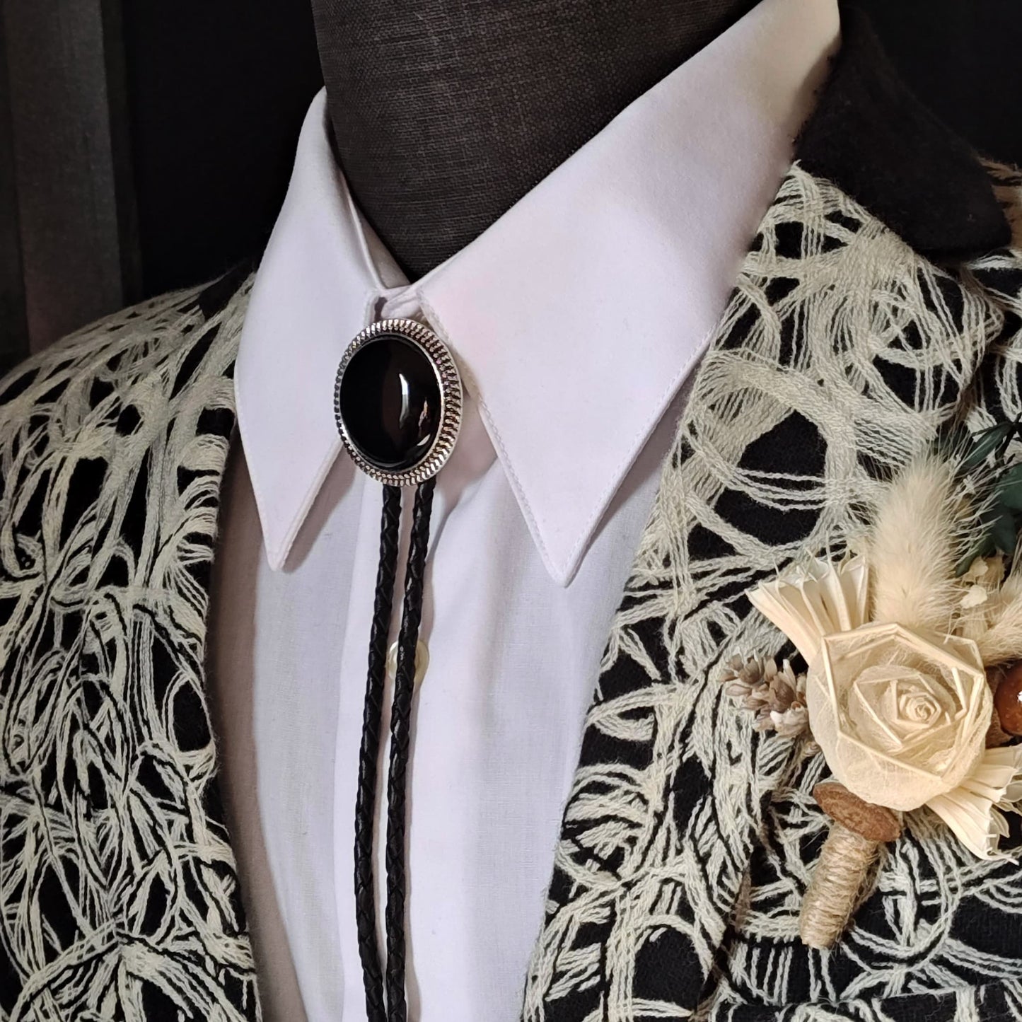 Bolo Tie with Black Onyx in Round Up Gold, Silver or Copper Setting - Folks On The Edge