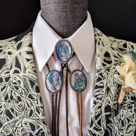 Bolo Tie with Blue Abalone in Classic Rope Twist Gold, Silver or Copper - Folks On The Edge