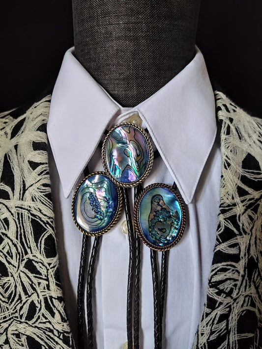 Bolo Tie with Blue Abalone in Classic Rope Twist Gold, Silver or Copper - Folks On The Edge