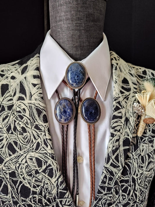 Bolo Tie with Blue Sodalite in Classic Rope Twist Gold, Silver or Copper - Folks On The Edge