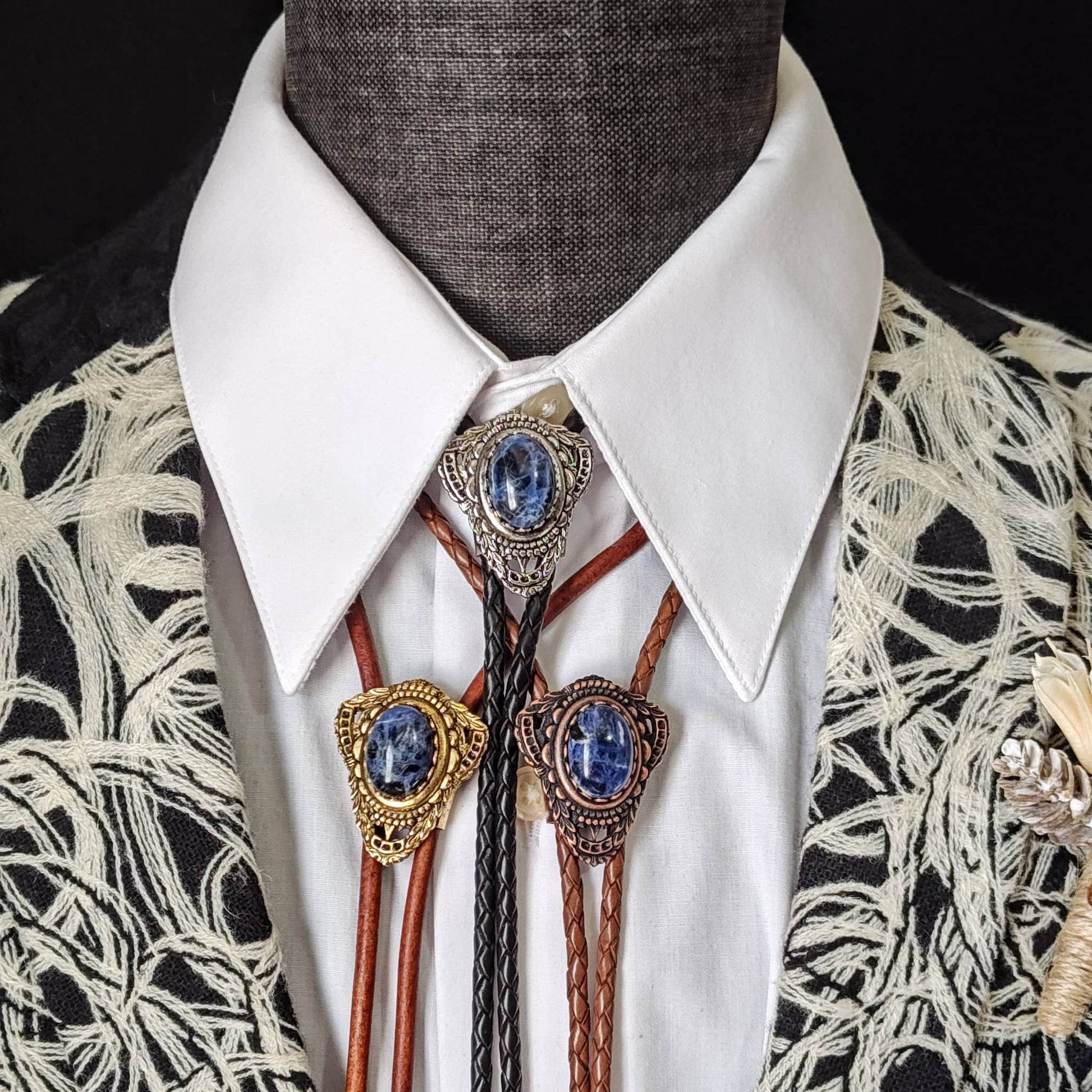 Bolo Tie with Blue Sodalite in Muldoon Gold, Silver or Copper - Folks On The Edge