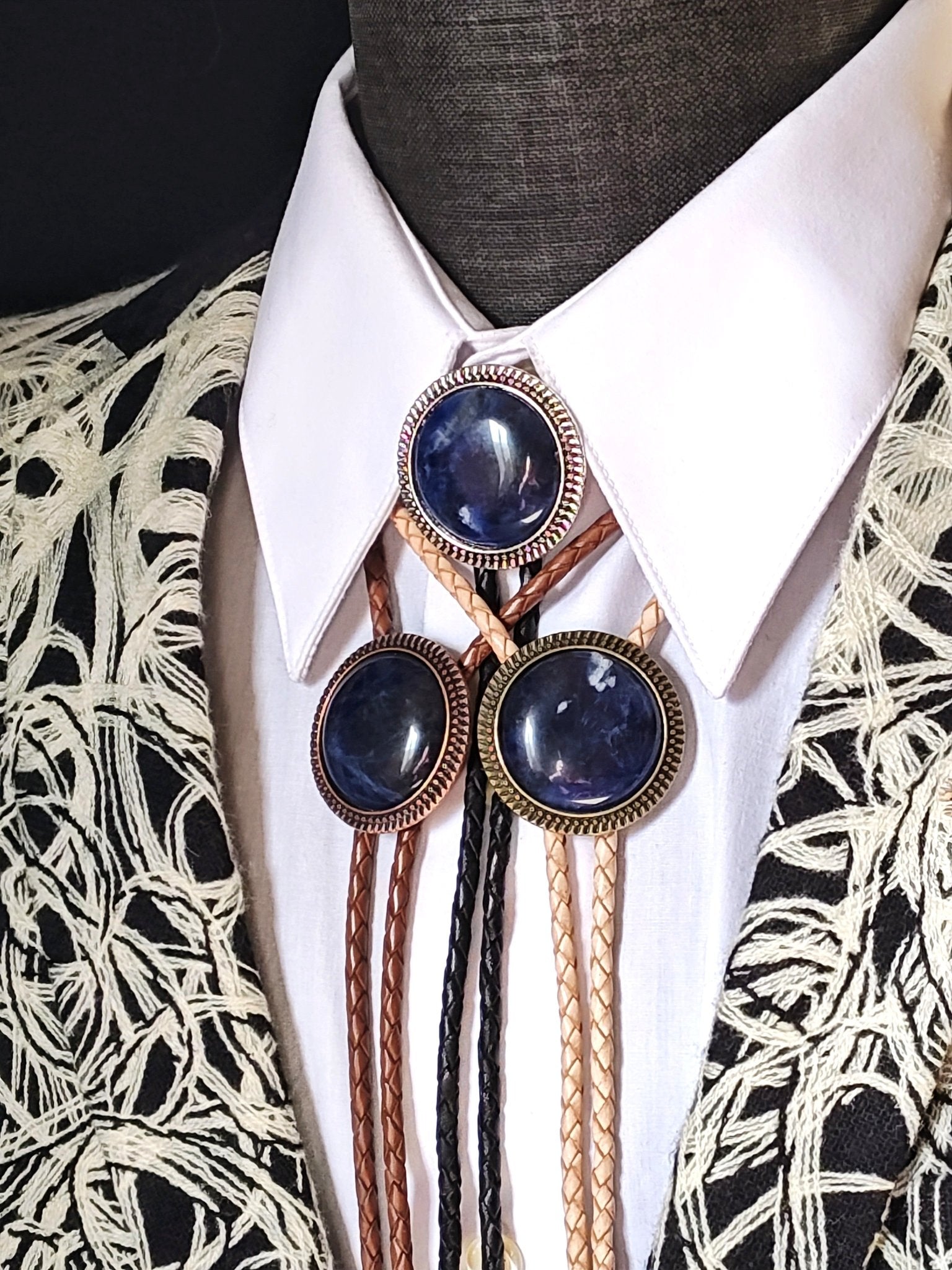 Bolo Tie with Blue Sodalite in Round Up Gold, Silver or Copper Setting - Folks On The Edge