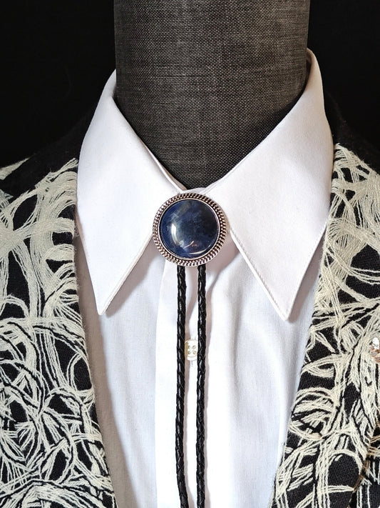 Bolo Tie with Blue Sodalite in Round Up Gold, Silver or Copper Setting - Folks On The Edge