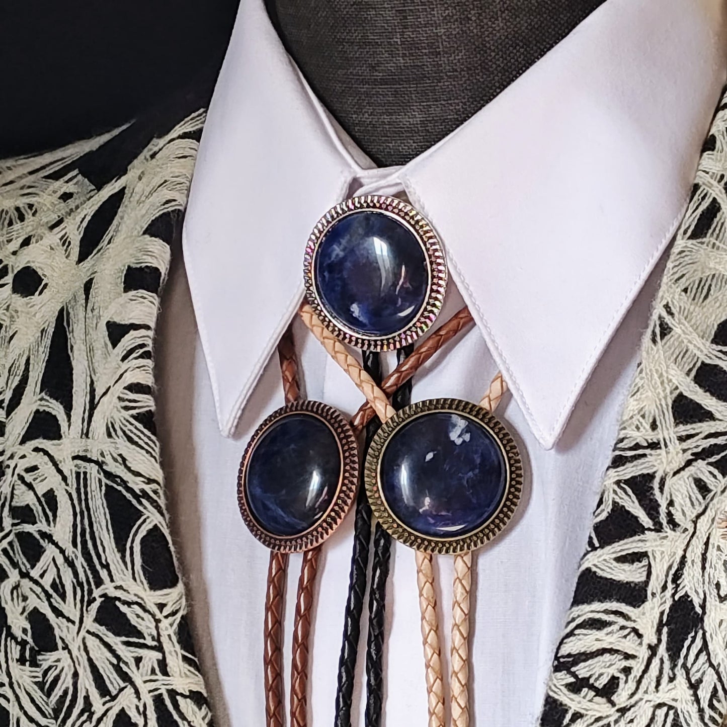 Bolo Tie with Blue Sodalite in Round Up Gold, Silver or Copper Setting - Folks On The Edge