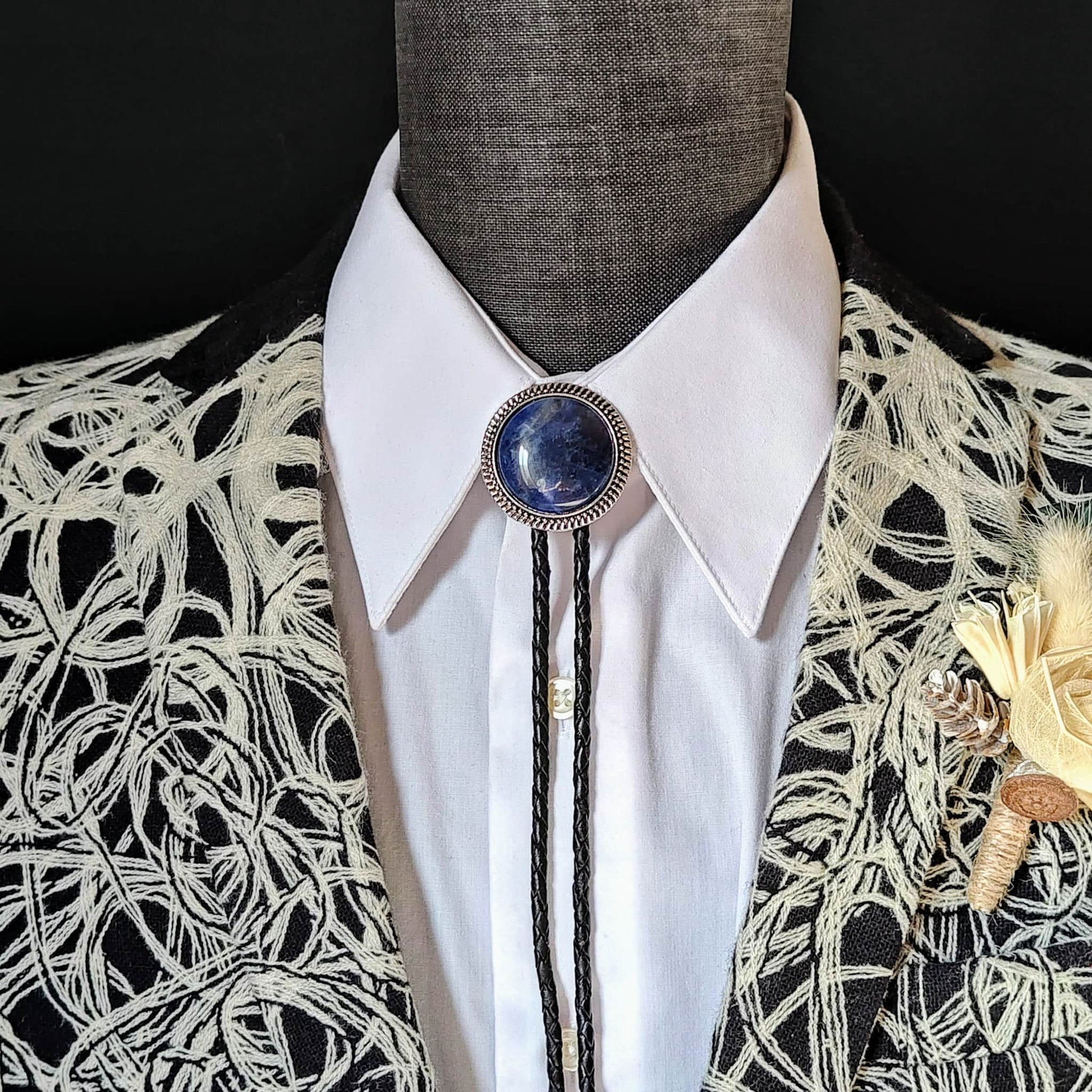 Bolo Tie with Blue Sodalite in Round Up Gold, Silver or Copper Setting - Folks On The Edge