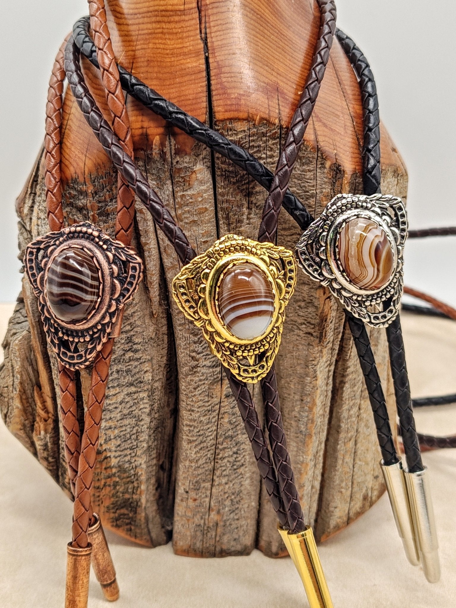 Bolo Tie with Brown Banded Agate in Muldoon Customizable - Folks On The Edge