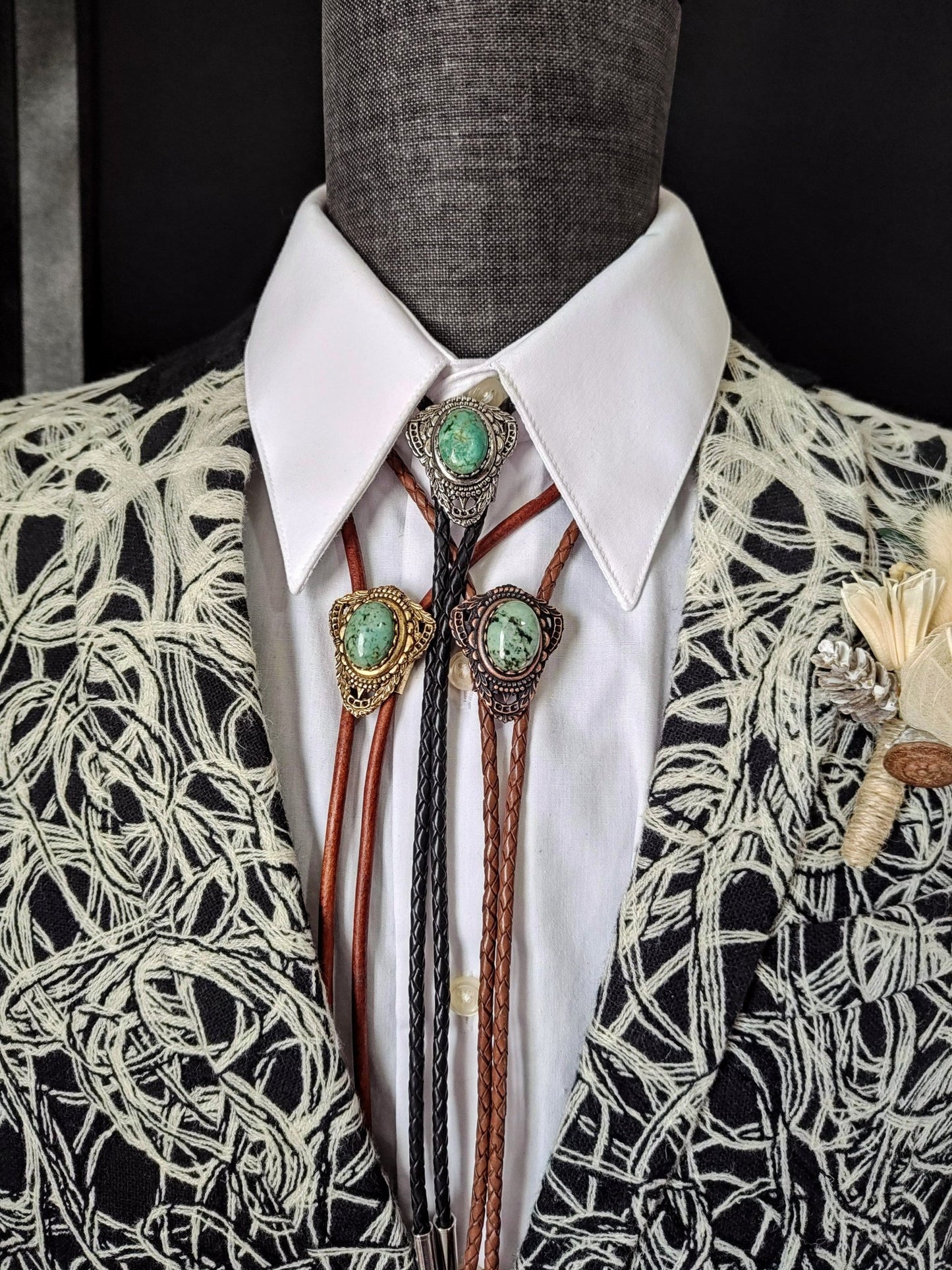 Bolo Tie with Chrysocolla in Muldoon Gold, Silver or Copper - Folks On The Edge