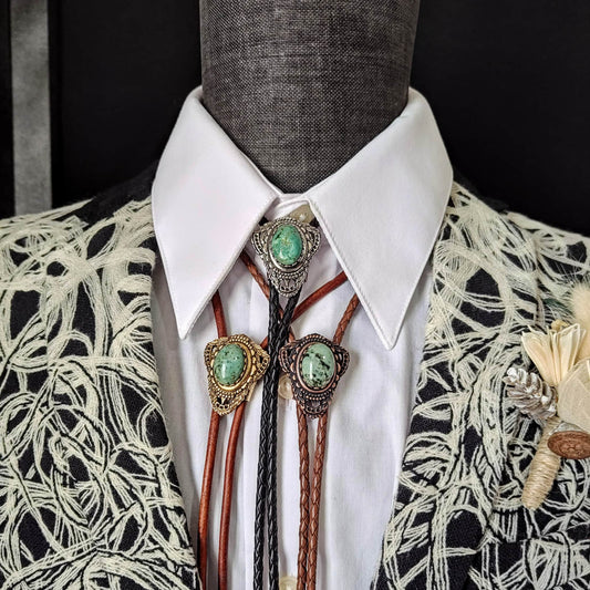 Bolo Tie with Chrysocolla in Muldoon Gold, Silver or Copper - Folks On The Edge