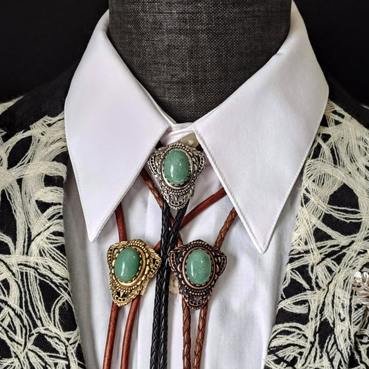 Bolo Tie with Green Aventurine in Muldoon Gold, Silver or Copper - Folks On The Edge
