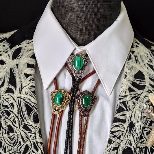 Bolo Tie with Green Malachite in Muldoon Gold, Silver or Copper - Folks On The Edge