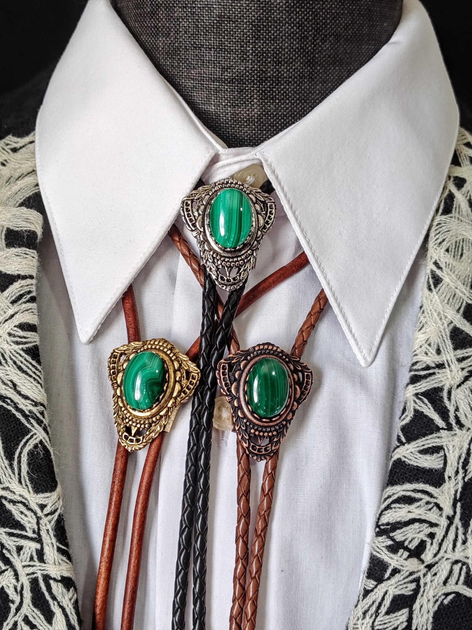 Bolo Tie with Green Malachite in Muldoon Gold, Silver or Copper - Folks On The Edge