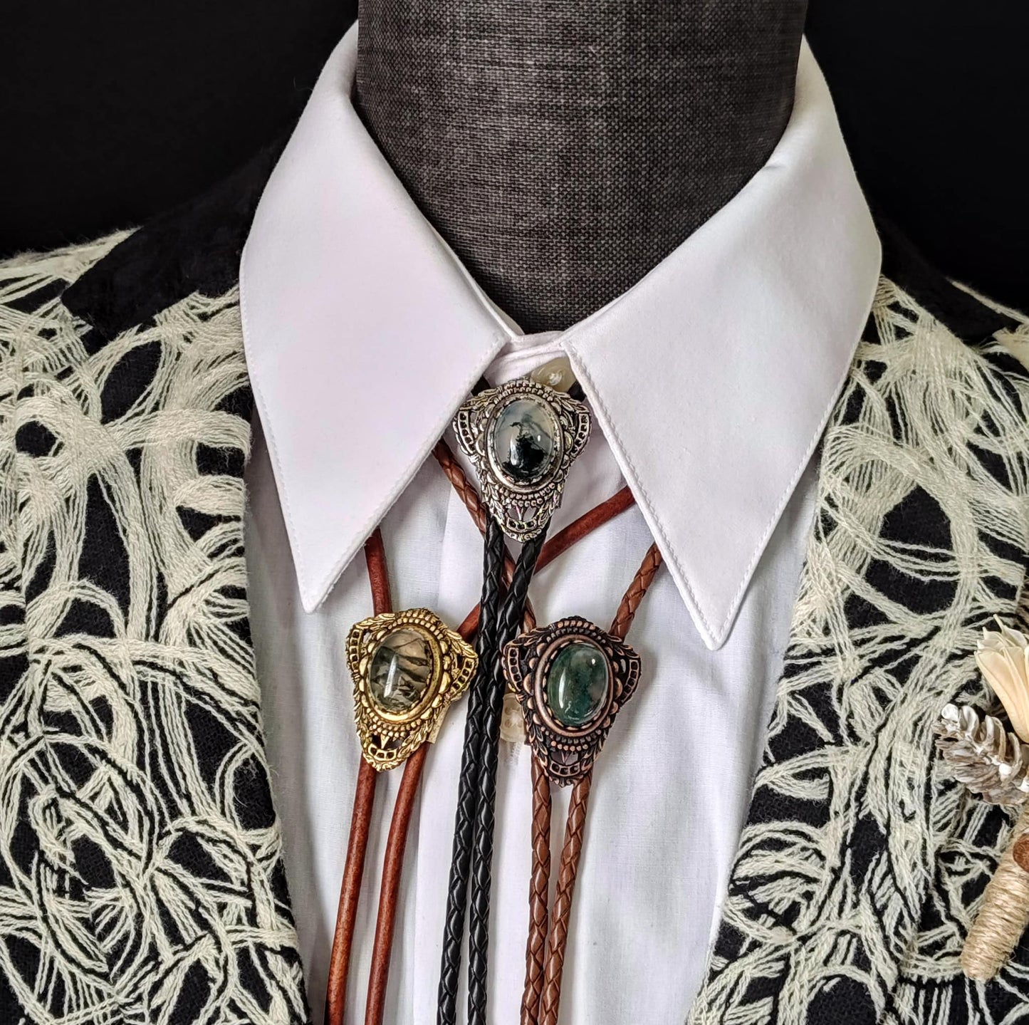 Bolo Tie with Green Moss Agate in Muldoon Gold, Silver or Copper - Folks On The Edge