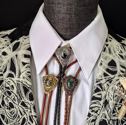Bolo Tie with Green Moss Agate in Muldoon Gold, Silver or Copper - Folks On The Edge