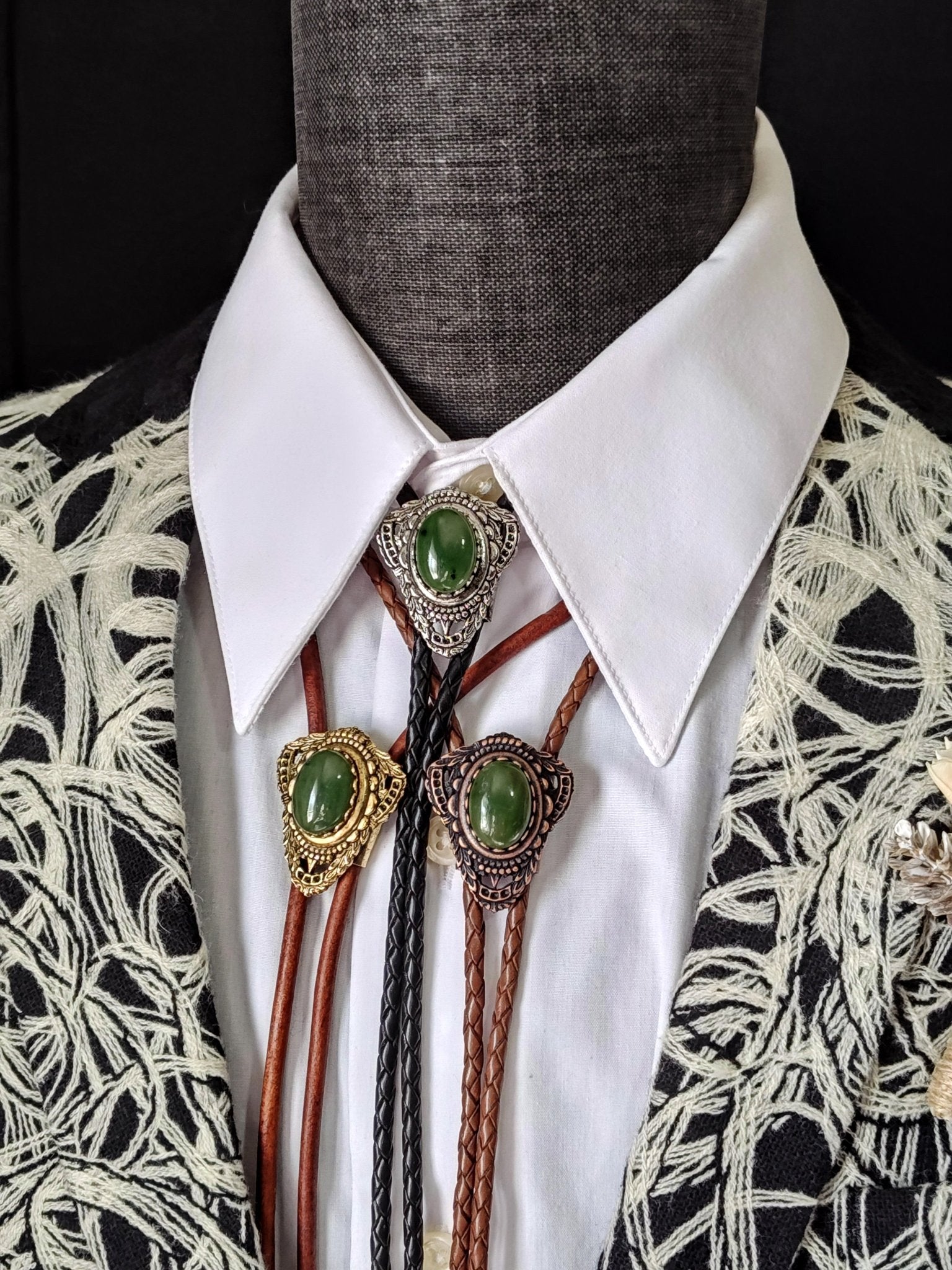 Bolo Tie with Green Moss Agate in Muldoon Gold, Silver or Copper - Folks On The Edge
