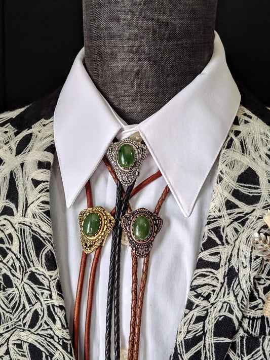 Bolo Tie with Green Moss Agate in Muldoon Gold, Silver or Copper - Folks On The Edge