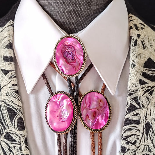 Bolo Tie with Hot Pink Abalone in Classic Rope Twist Gold, Silver or Copper - Folks On The Edge