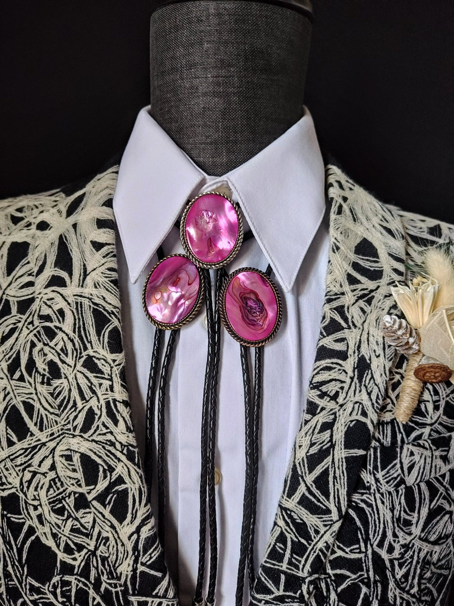 Bolo Tie with Hot Pink Abalone in Classic Rope Twist Gold, Silver or Copper - Folks On The Edge