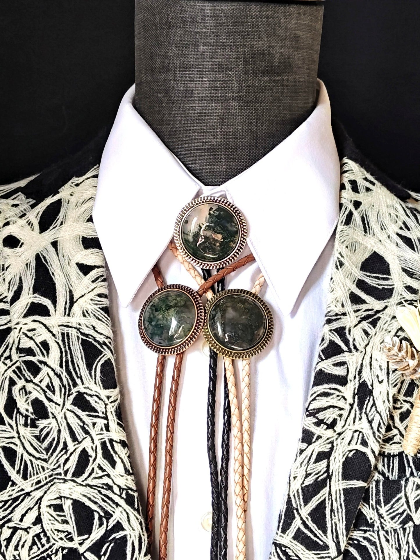 Bolo Tie with Moss Agate in Round Up Gold, Silver or Copper Setting - Folks On The Edge