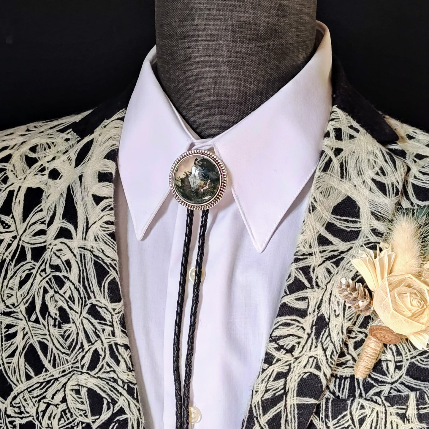 Bolo Tie with Moss Agate in Round Up Gold, Silver or Copper Setting - Folks On The Edge