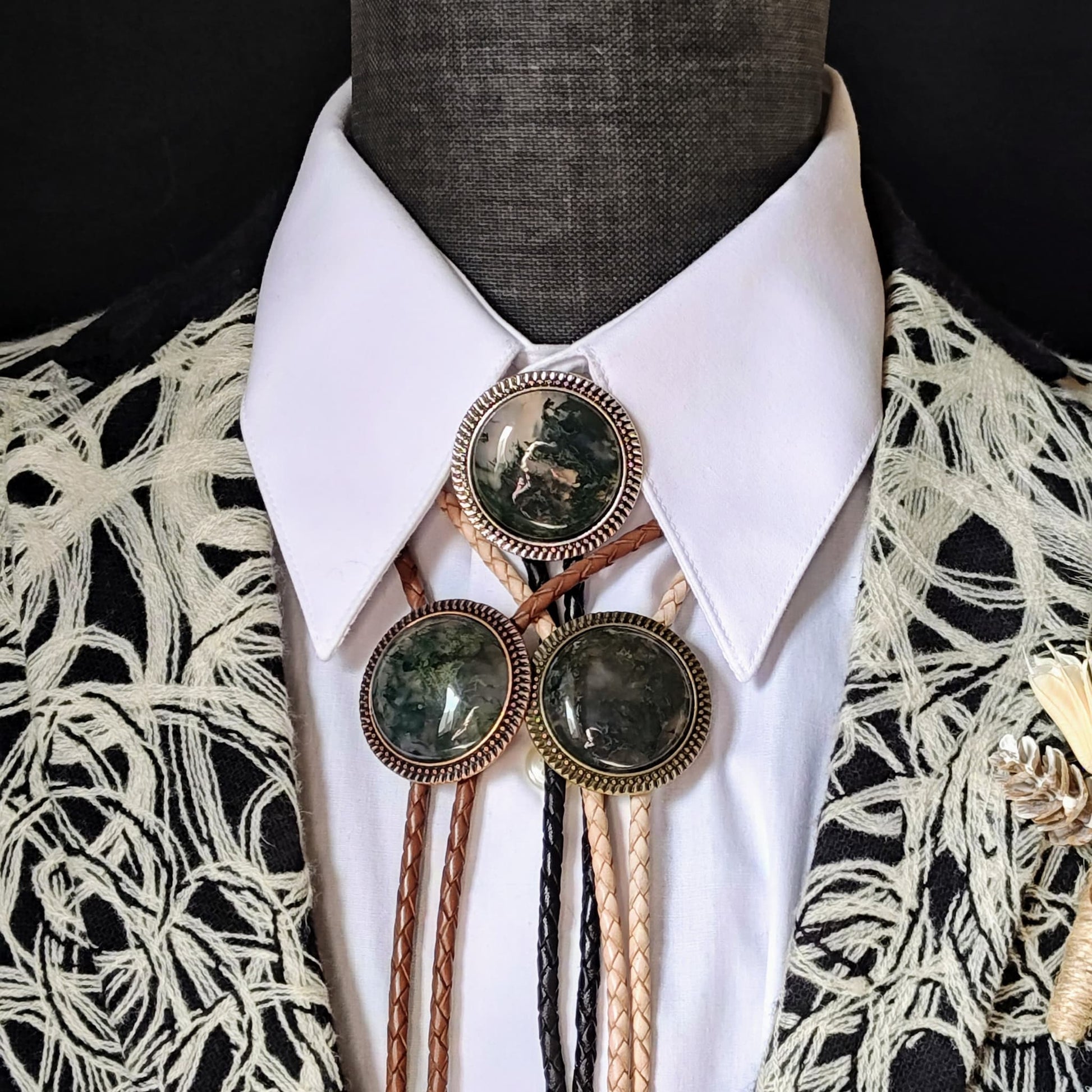 Bolo Tie with Moss Agate in Round Up Gold, Silver or Copper Setting - Folks On The Edge