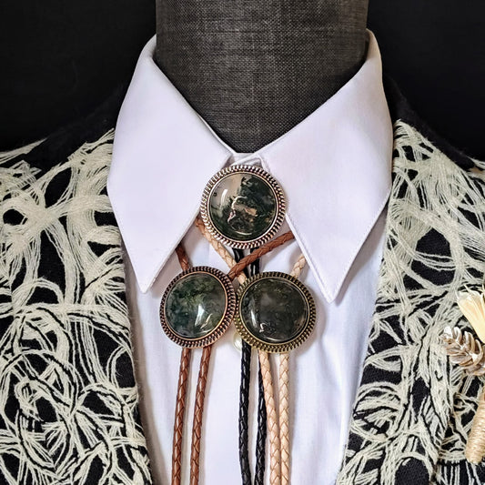 Bolo Tie with Moss Agate in Round Up Gold, Silver or Copper Setting - Folks On The Edge