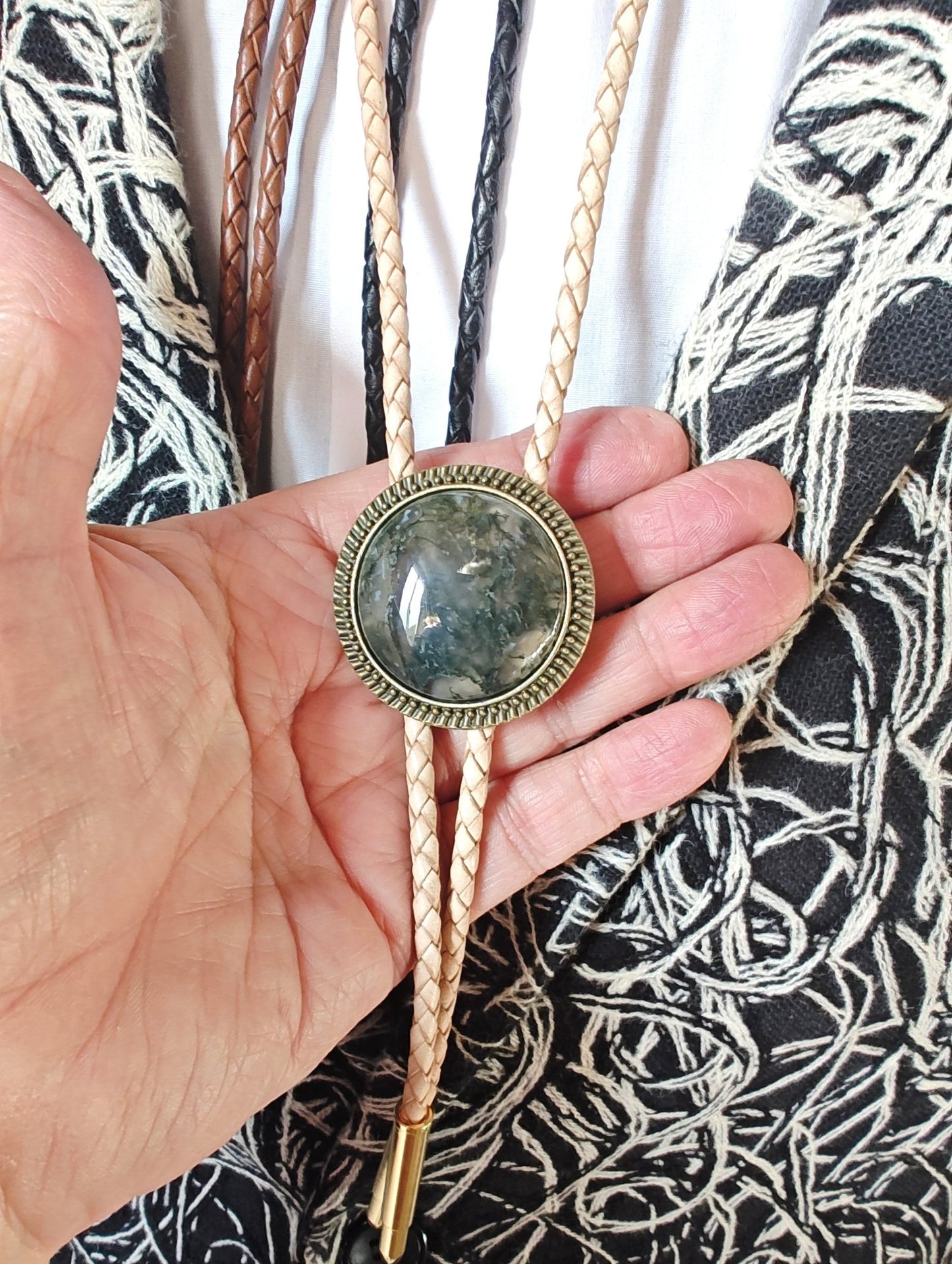 Bolo Tie with Moss Agate in Round Up Gold, Silver or Copper Setting - Folks On The Edge