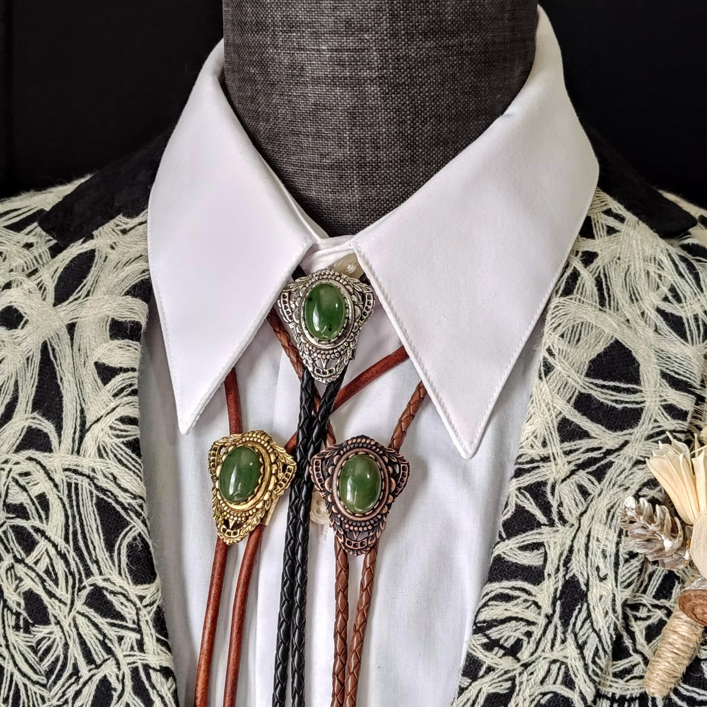 Bolo Tie with Nephrite Jade in Muldoon Gold, Silver or Copper - Folks On The Edge