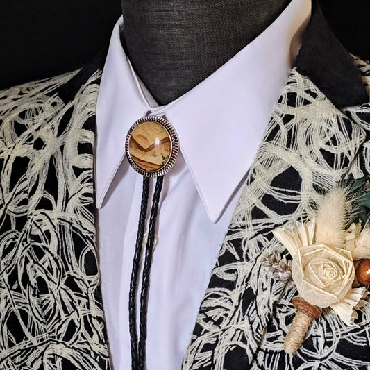 Bolo Tie with Picture Jasper in Round Up Gold, Silver or Copper Setting - Folks On The Edge