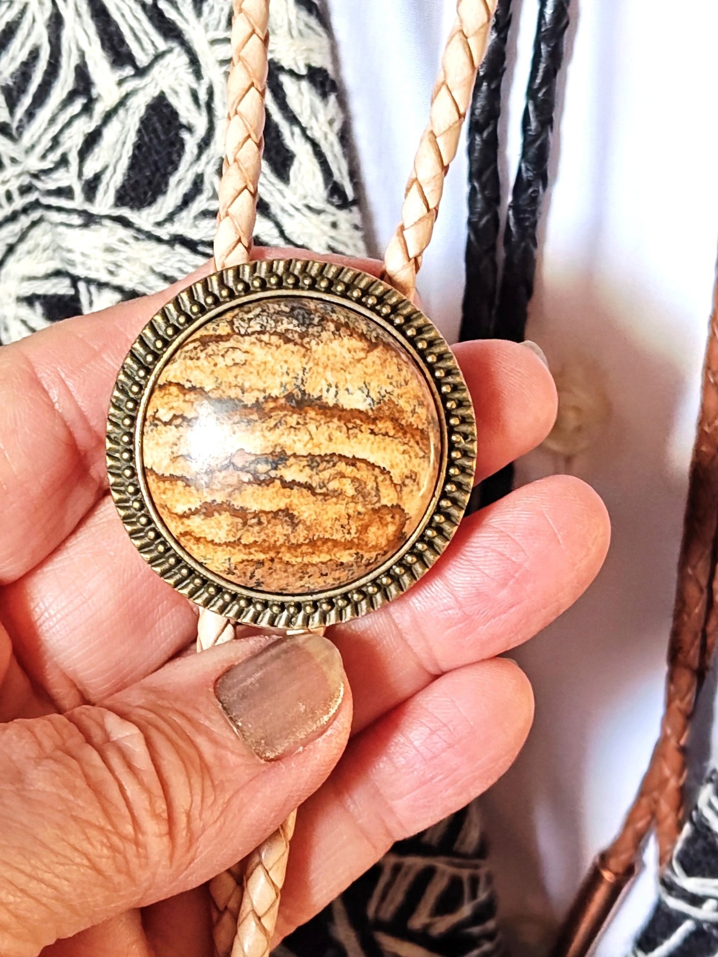 Bolo Tie with Picture Jasper in Round Up Gold, Silver or Copper Setting - Folks On The Edge