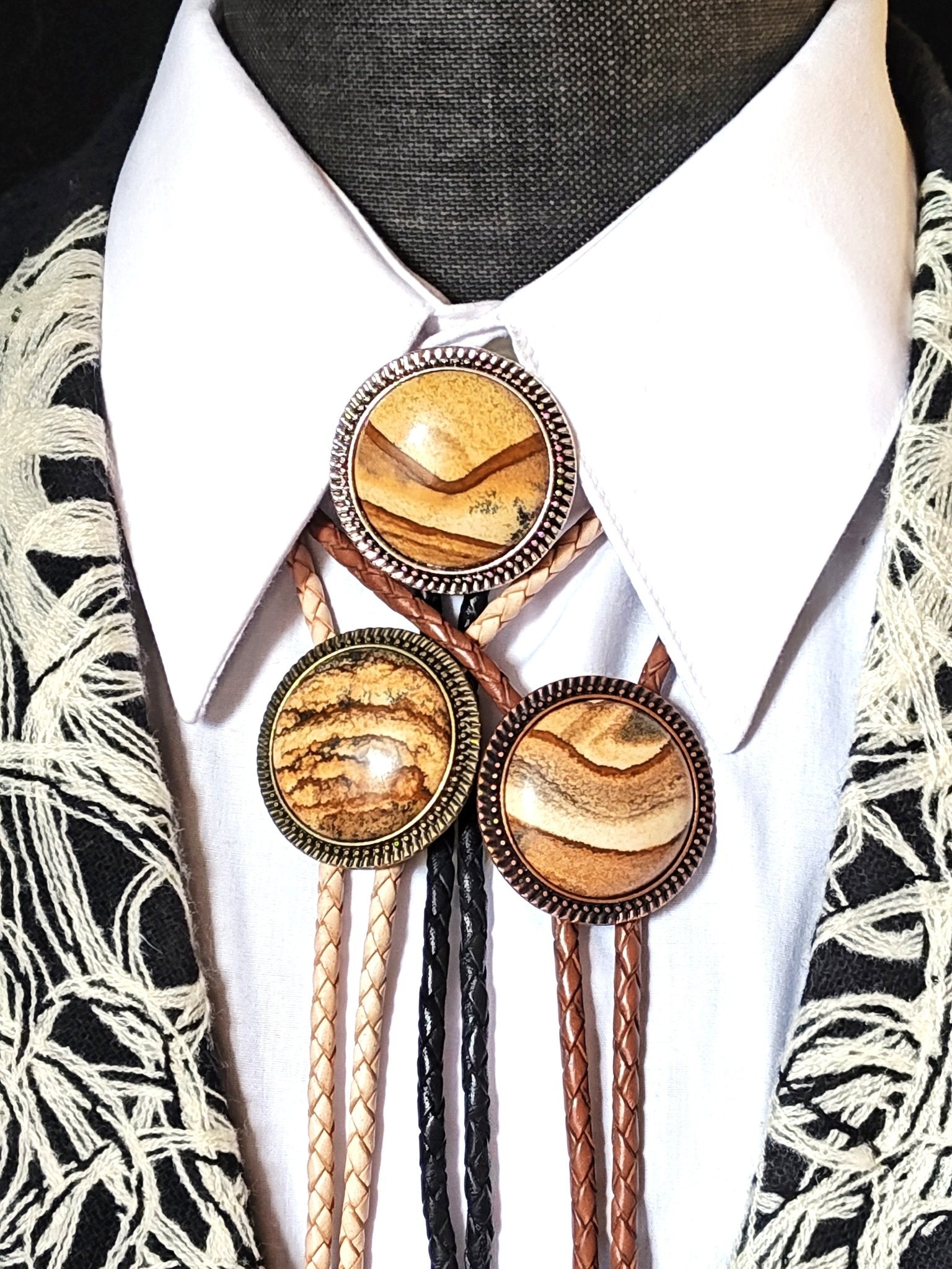 Bolo Tie with Picture Jasper in Round Up Gold, Silver or Copper Setting - Folks On The Edge