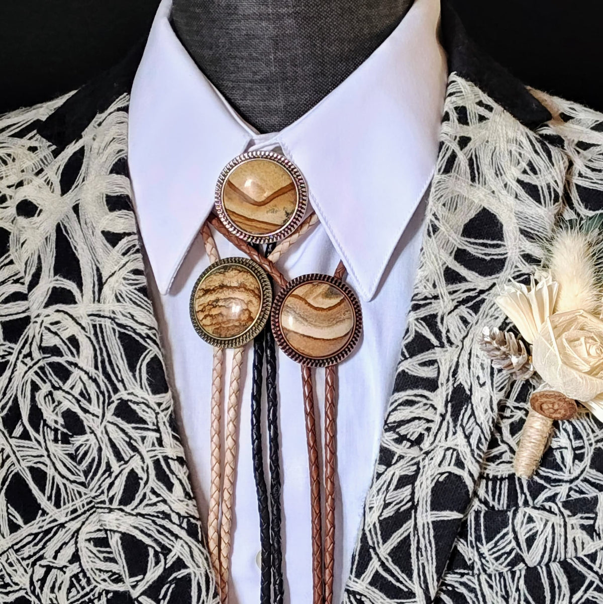 Bolo Tie with Picture Jasper in Round Up Gold, Silver or Copper Setting - Folks On The Edge