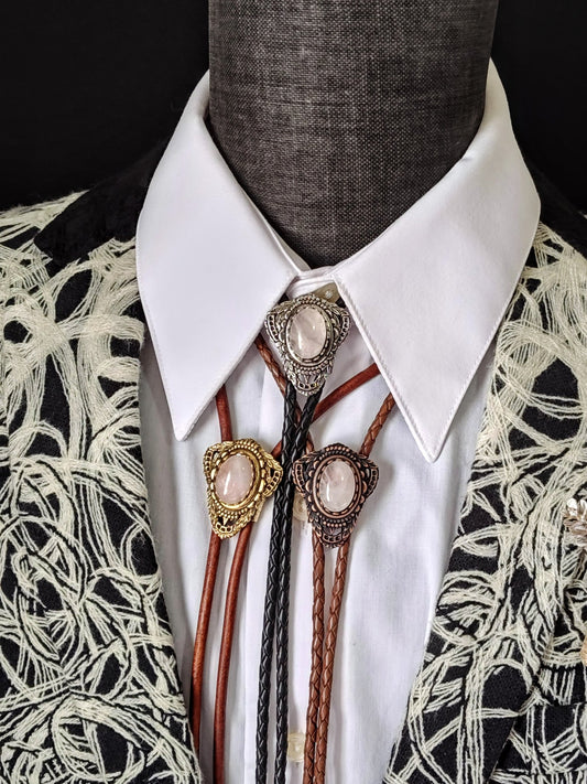 Bolo Tie with Pink Rose Quartz in Muldoon Gold, Silver or Copper - Folks On The Edge