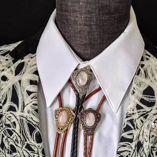 Bolo Tie with Pink Rose Quartz in Muldoon Gold, Silver or Copper - Folks On The Edge