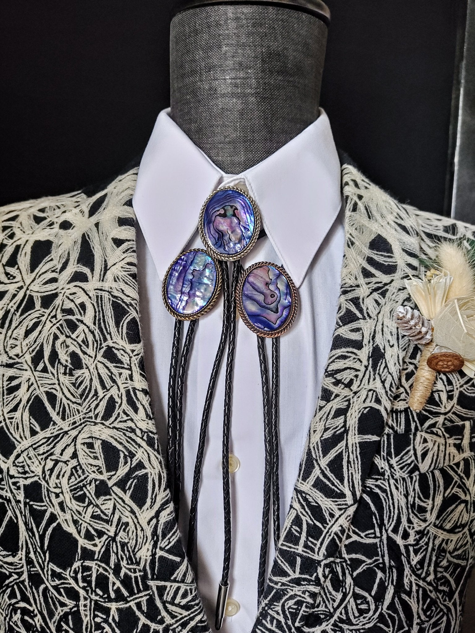 Bolo Tie with Purple Abalone in Classic Rope Twist Gold, Silver or Copper - Folks On The Edge