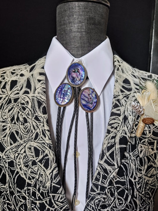 Bolo Tie with Purple Abalone in Classic Rope Twist Gold, Silver or Copper - Folks On The Edge