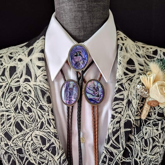Bolo Tie with Purple Abalone in Classic Rope Twist Gold, Silver or Copper - Folks On The Edge