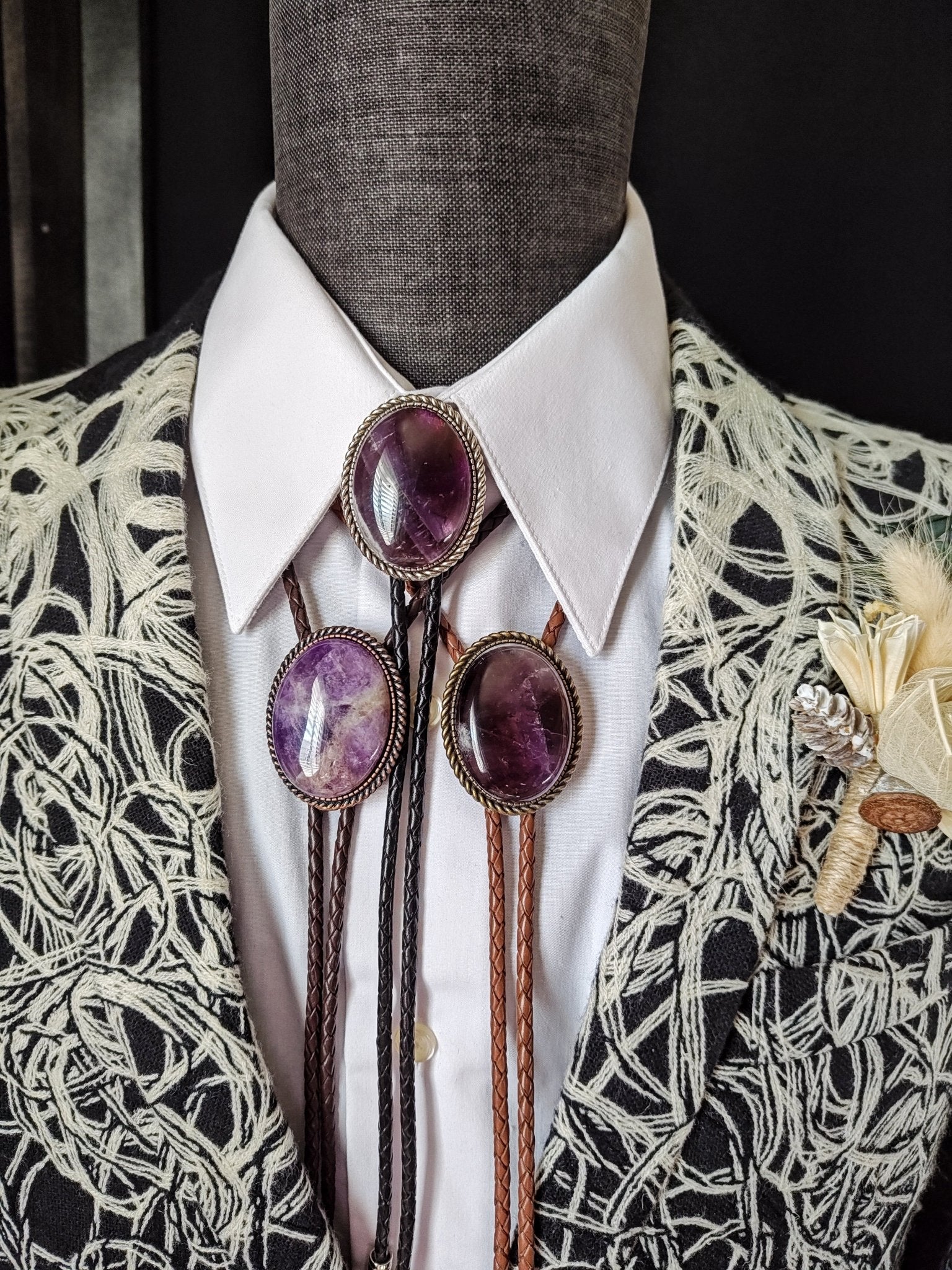 Bolo Tie with Purple Amethyst in Classic Rope Twist Gold, Silver or Copper - Folks On The Edge