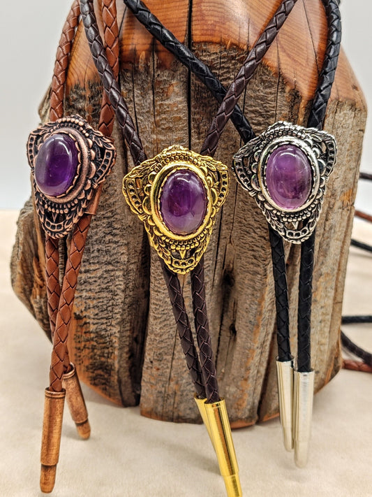 Bolo Tie with Purple Amethyst in Muldoon Gold, Silver or Copper - Folks On The Edge
