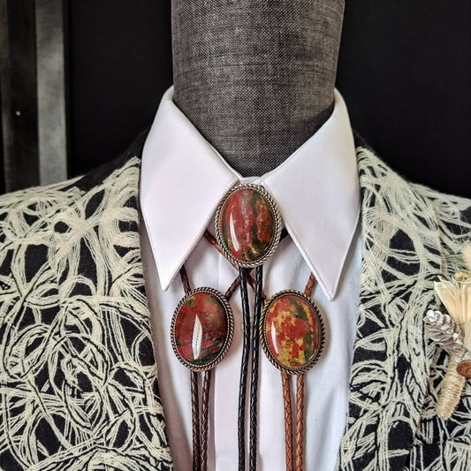 Bolo Tie with Red Bloodstone Jasper in Classic Rope Twist Gold, Silver or Copper - Folks On The Edge