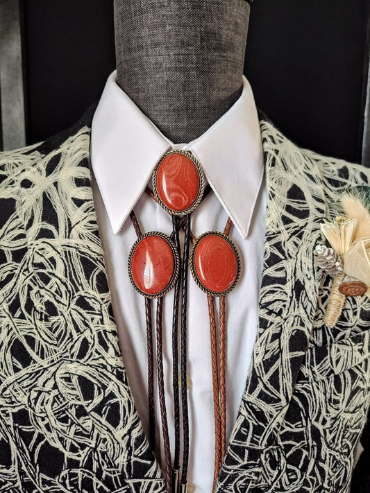 Bolo Tie with Red Jasper in Classic Rope Twist Gold, Silver or Copper - Folks On The Edge