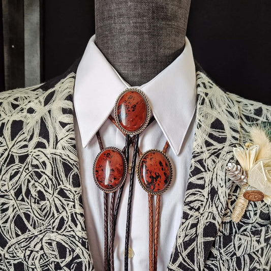 Bolo Tie with Red Mahogany Obsidian in Classic Rope Twist Gold or Silver Setting - Folks On The Edge